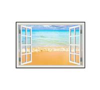 SDYSKKUG Fake Window Picture Landscape Canvas Wall Art Prints Sea Beach Sunset Nature Painting for Living Room Bedroom Decor 105x70cm Black Frame