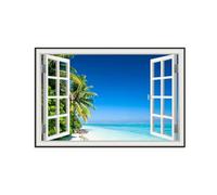 SDYSKKUG Fake Window Picture Landscape Canvas Wall Art Prints Sea Palm Tree Nature Painting for Living Room Bedroom Decor 105x70cm Black Frame