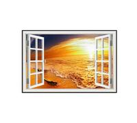 SDYSKKUG Fake Window Picture Landscape Canvas Wall Art Prints Sea Wave Sunset Nature Painting for Living Room Bedroom Decor 75x50cm Black Frame