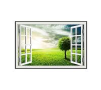 SDYSKKUG Fake Window Picture Landscape Canvas Wall Art Prints Tree Field Nature Painting for Living Room Bedroom Decor 105x70cm Black Frame