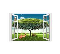 SDYSKKUG Fake Window Picture Tree Meadow Deer Nature Prints Landscape Canvas Wall Art Painting for Living Room Decor 60x40cm Unframed