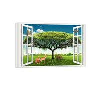 SDYSKKUG Fake Window Picture Tree Meadow Deer Nature Prints Landscape Canvas Wall Art Painting for Living Room Decor 90x60cm Inner Framed