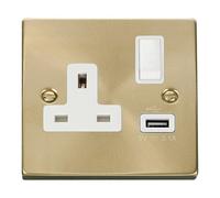 SE Home Satin / Brushed Brass 1 Gang 13A DP 1 USB Switched Plug Socket in Gold SE Home Gold