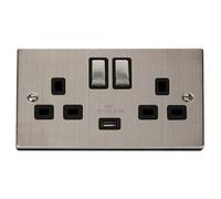 SE Home Stainless Steel 2 Gang 13A DP Ingot 1 USB Twin Double Switched Plug Socket in Metallic Silver SE Home Metallic Silver
