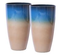 SE SUN-E Tall Outdoor Plant Planters, in Lightweight Durable Plastic, Gradient Blue to Khaki Flower Pots, Garden Porch Planters, Outdoor Set of 2 Gifts for Plant Lovers