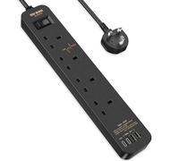 SE UKASE Extension Lead with USB C PD 20W, 4 Way Socket 1200 Surge Protection with 2M /6.56FT Long Extension Cord Multi Plug 2990W Safety Shutter for TV PC Laptops Tablets