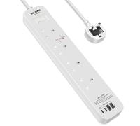 SE UKASE Extension Lead with USB C PD 20W, 4 Way Socket 1200 Surge Protection with 2M /6.56FT Long Extension Cord Multi Plug 2990W Safety Shutter for TV PC Laptops Tablets