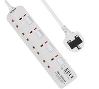 SE UKASE Extension Lead with USB Slots(5V/5A), 4 Way Plug Sockets with Individual Switches USB and Type C, Wall Mount Design with 2M Extension Cable 2990W