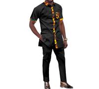 SEA&ALP Short Sleeve Men's Kente Print Patchwork Suit, Button Down African Dashiki Shirt Pants Outfit Attire Clothes, Black, XXL