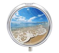 Sea and Beach Pill Organizer 3 Compartments, Round Small Pill Box for Purse & Pocket, Portable Daily Medicine Box to Hold Vitamins, Supplements, Pills, Fish Oil