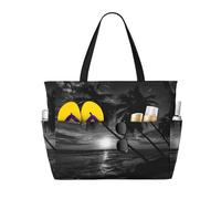 Sea and Tree in The Night Print Large Waterproof Beach Tote Bag for Women with Zip and Pockets Foldable Handbag for Travel Pool Shopping Holiday Gym