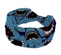 Sea Angry Shark Teeth Blue Pattern Headbands for Women Girls, Wide Headband, Knotted Cross Turban Head Band, Non Slip Hairband for Yoga Workout Running