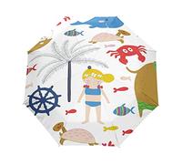 Sea Animal Crab Fish Cute Automatic Foldable Umbrella UV Protection Auto Open Close Folding Sun Blocking Umbrellas for Travel Women Boys Girls