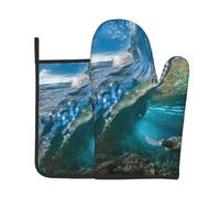 Sea Animal Turtle Floating Underwater Over The Coral Reef Print Oven Mitts And Pot Holders Sets 7"X11" Kitchen Essentials 2-Piece Set Bbq, Baking