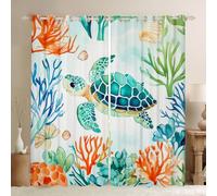 Sea Animal Window Treatments Drapes Decor For Bedroom Marine Life Tortoise Window Curtains 2 Panel Sets 66 x 90 Inch Kids Cute Turtle Blackout Curtains Watercolour Coral Decor
