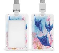 Sea Animals Stingrays Badge Holder with Lanyard, Vertical Hard Plastic ID Card Holder, Sliding Name Tag Holders, Work Card Protector Sleeve for Nurse Doctor Teacher Officer & Gift