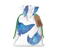 (Sea Animals Stingrays) Printed Christmas S Size Gift Bags with Green Ribbon Drawstring Candy Bags for Kids Xmas Holiday Christmas Eve Presents