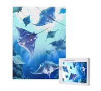 Sea Animals Stingrays Printed Jigsaw Puzzle with Storage Box, Wooden Puzzle for Adults and Kids, 500 Pieces Family Fun Decorative Game, 38x52 CM