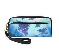 Sea Animals Stingrays Printed Leather Makeup Bags with Wrist Strap Portable Travel Toiletry Bag Cosmetic Organizer Bag for Women