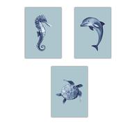 Sea Animals Wall Art Set of 3 - 8x10 inch Bathroom Ocean Creatures Prints - Seahorse, Dolphin & Turtle Artwork - Unframed Coastal Bathroom Decor - Marine Life Pictures - Nautical Beach House