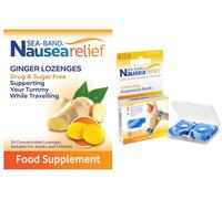 Sea-Band Travel & Motion Sickness and Nausea Relief, Sugar Free Ginger Lozenges and Kids Acupressure Wristband Bundle, (1 x Pack of Ginger Lozenges, 24 Capsules, 1 x Pair of Kids Blue)
