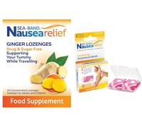 Sea-Band Travel & Motion Sickness and Nausea Relief, Sugar Free Ginger Lozenges and Kids Acupressure Wristband Bundle, (1 x Pack of Ginger Lozenges, 24 Capsules, 1 x Pair of Kids Pink)