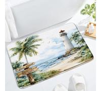 Sea Beach Floor Mat Coast Summer Blue Tropical Coastal Ocean Lighthouse Palm Tree Sea Wave Watercolor Hawaii Bath Rug,Absorbent Doormat Bedroom Rug Toilet,17.7x29.5 in