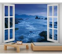 Sea Beach Mural Blue Ocean Mural Rocky Shore Mountain Landscape Wall Murals Coastal Seaside Night Wallpaper 3D Window Wallpaper for Bedroom Living Room 500 x 317 cm