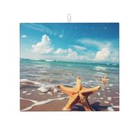 Sea Beach Starfish Dish Drying Mat Absorbent Draining Board Pad for Kitchen Counter Ocean Coffee Mat Dishes Drainer Protector with Hanging Loop 16 x 18 Inch