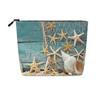 Sea Beach Starfish On Fishing Net, Cosmetic Bag Imitation Linen Makeup Bag Portable Travel Toiletry Bag