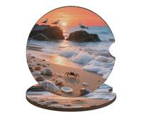Sea Beach Sunset Car Cup Holder Coasters 2-Pack Absorbent Wood & Cork Coasters for Car Cup Holders, Festive Car Accessories for Women & Men