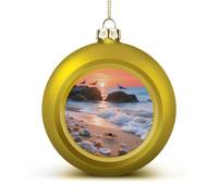 Sea Beach Sunset Christmas Ball Ornaments - Golden Shatterproof Plastic Vintage Rustic Xmas Tree Decorations Pendant for Family Holiday Wedding Party Xmas Hanging Decoration
