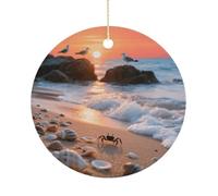 Sea Beach Sunset Double-Sided Ceramic Christmas Ornaments - Round Hanging Mini Xmas Tree Decorations, Ideas for Farmers, Rustic Home Decor for Indoor Outdoor Tree Decor