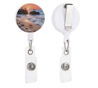 Sea Beach Sunset Retractable Badge Reel - Personalized ID Name Badge Holder with Lanyard Cute Badges Reel Holder Round Nurse Doctor Name Tag Badges Clip for Work