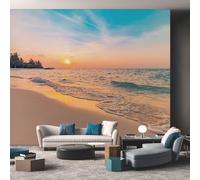 Sea Beach Wallpaper, Sunset Wave 3D Wallpaper for Living Room, Bedroom, Non-Woven Decor Wall Paper, Photo Mural Dining Room, Hallway, Lounge, 300 x 210 cm POI118