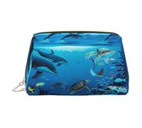 Sea Blue Marine Life Print Makeup Bag, Cosmetic Bag,Women Pu Leather Cosmetic Bags with Wrist Strap Travel Toiletry Pouch Makeup Bag