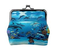 Sea Blue Marine Life Women's Leather Kiss-Lock Coin Purse,Double-Sided Full Print Pattern,Ultra-Fine Fiber Leather,Small Clutch Wallet for Cash,Cards,Coins