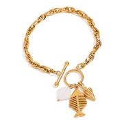 Sea Charm Themed Adjustable OT Clasp Bangle for Travelers Shell Conch Fishbone Pendant Jewelry Gift Adjustable Sea Theme Stainless Steel with Shell Conch Fishbone Charm Inspiration by Coastal