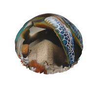 Sea Conch Shell Starfish Turtle Shower Cap Reusable Double Layered Bath Cap Waterproof Hair Cap with Elastic Band Bathing Hat Spa Salon Shower Hat for Women Men