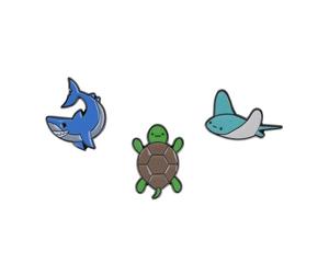 Sea Creature Themed Gift Set Collection Of 3 Pin Badges Including A Smiling Shark, Happy Turtle And A Calm Manta Ray