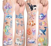 Sea Creatures Tattoos for Children, 10 Sheets Watercolour Underwater World Children's Tattoos, Skin-Friendly, Ocean Temporary Tattoos, Mermaid Dolphin Shark Fish, Party Bag Children's Birthday Gifts