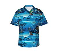 Sea Dolphin Printed Men's Hawaiian Shirts Button Down Casual Short Sleeve Summer Beach Shirts Tops, Black, XXL