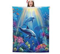 Sea Dolphins Fish Coral Blanket Ultra Soft Sherpa Throw Blanket, Cozy Fleece Blanket for Sofa Bed Travel Camping, All Season Lightweight Warm Blanket for Adults & Kids 152 x 204 cm