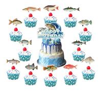 Sea Fish Cake Decorations Set, Ocean Sea Realistic Plenty of Fis Theme Party Supplies Include Fish Happy Birthday Cake Cupcake Toppers for Boys Kids Men Fisherman Fishing Theme Party Supplies