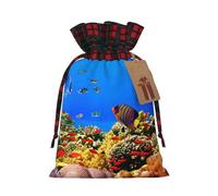 Sea Fish Pattern Print Plaid Burlap Bag With Drawstring Christmas Burlap Pouches For Birthday Party Favors Gift