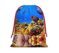 Sea Fish Pattern Print Santa Sack Drawstring Bags For Presents, Reusable Plush Holiday Fabric Gift Bags- L Size