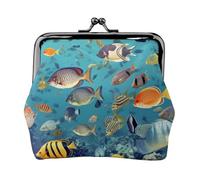Sea Fishes Prints Coin Purse Kiss Lock Pu Leather Mini Pouch Wallet Change Bag for Women Girls Kids