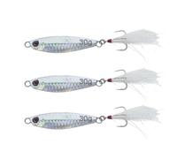 Sea Fishing Lure 30g 30 Grams Bass Trout Pollock Mackerel Feather Tail Holographic Spinner Long Super Cast Trebble Hook Bright Flash Metal Jig Spoon Cod Casting River Sprat Realistic 3 pack Silver