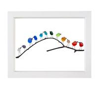 Sea Glass Art, Rainbow Birds on Branch, Glass Pictures Wall Art, Sea Glass Decor, Housewarmings, Birthday & Wedding Gifts, Handmade, 12 Birds, White Frame