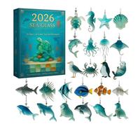 Sea Glass Christmas Advent, 2D Acrylic Sea Creature Charm, 24 Days 2026 Countdown Decorations, for Apartment Living Room Window Wall Door Office Car Holiday Party Adults